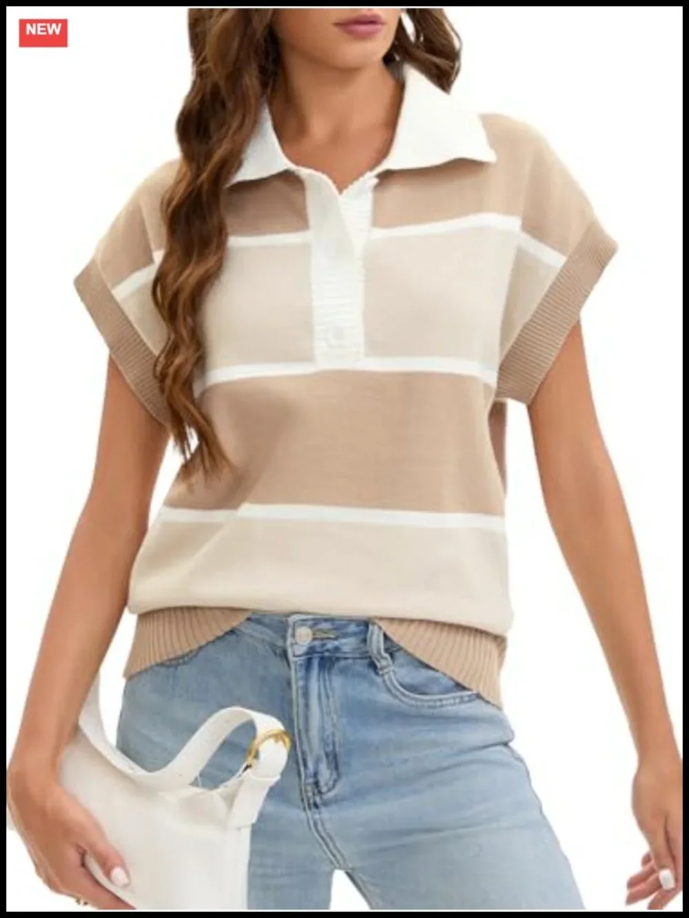 Women's Striped Short Sleeve Button Down Sweater Vest Loose Color Block Knit Top